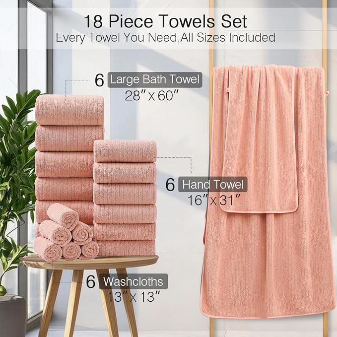 18 Piece Family Bath Towel Set Include 6 Bath Towels,6 Hand Towels and 6 Washcloths Soft Bathroom Towel with Hanging Loops,Highly Absorbent Quick Dry Towels Set for Bathroom,Hotel and Spa-Orange - Image 3