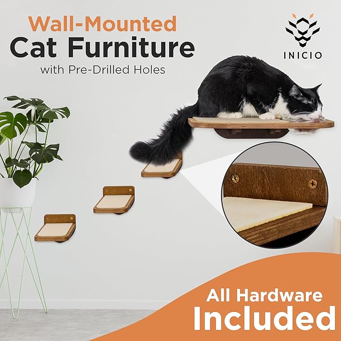 INICIO Cat Shelves - Feeding Shelf with 3 Cat Wall Steps - Natural Wood | Cat Wall Shelves with Wall Mounted Cat Food Bowls - Dog Proof Feeding Station and Convenient Feeder for Cats up to 15lbs - Image 5