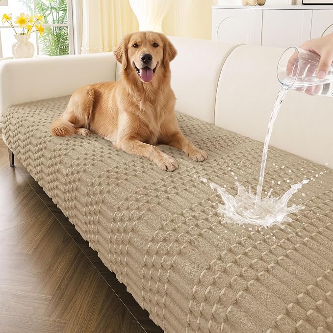Smiry Waterproof Couch Covers for Dogs Washable, Non Slip Pet Sofa Cover | Plush Scratch Resistant Flannel Furniture Protector for Dogs, Khaki, 43" x 63" by Smiry