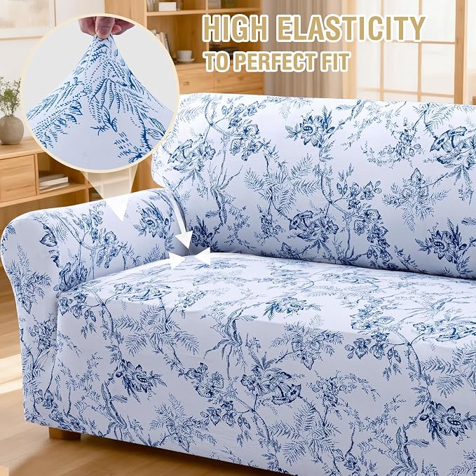 H.VERSAILTEX Floral Pattern Loveseat Cover Printed 2 Cushion Sofa Cover High Stretch Couch Covers for Sofa Super Soft Fabric Couch Protector for Dogs (Garden Bliss-Blue,Loveseat) - Image 6