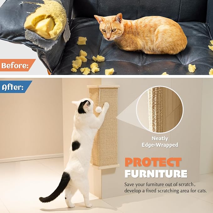 PETKARAY Sisal Corner Cat Scratcher, 22" Large Cat Wall Scratcher, Scratching Post for Indoor Cats, Wall Mounted Sisal Scratch Pad with Toy Ball - Image 4