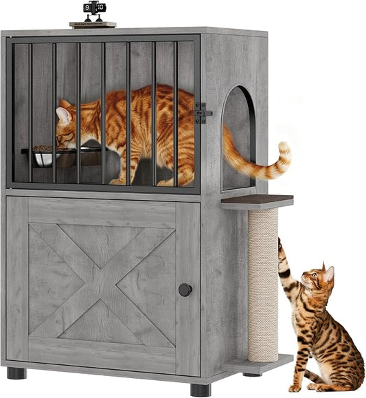 Dog Proof Cat Feeding Station, Dog Proof Cat Feeder, Cat Food Table, Gray | Cat Feeding Station with Scratching Post, Elevated Cat Food Bowls with Stand, Pet Food Storage Cabinet, Cat House by VKTO