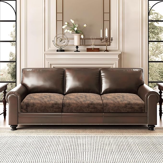 ANARACHON Leather Look Couch Cushion Covers Sofa Seat Slipcovers Sets Couches Furniture Protector for Sectional Armchair Loveseat Pets Kids Stretch Spandex Fabric (3 Cushion Sofa, Dark Brown) - Image 2