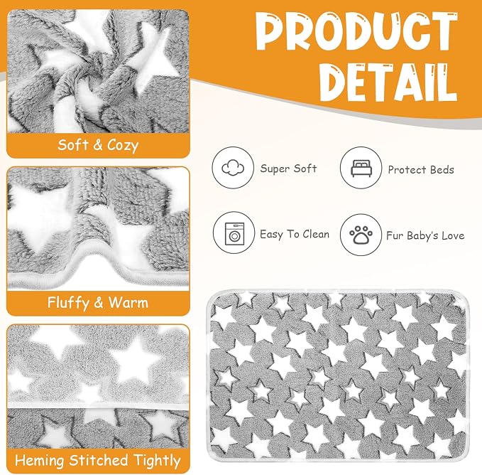 Tatuo 4 Pack Fleece Dog Blankets for Puppy Cats Multi-Size Sleep Mat for Pet Guinea Pig Soft Washable Warm Crate Bed Puppy Teething Toys Print Pattern Blanket Indoor(White,Grey,24 x 16 Inch,Star) - Image 2