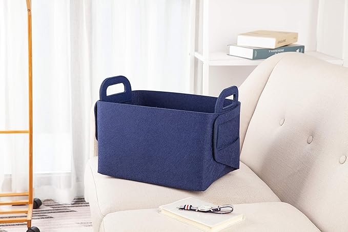 Minoisome Storage Basket Felt Storage Bin Collapsible& Convenient Box Organizer with Carry Handles for Office Bedroom Closet Babies Nursery Toys Laundry (Navy Blue, 13.8inch（L）×9.5inch（W）×8.3inch（H）) - Image 2