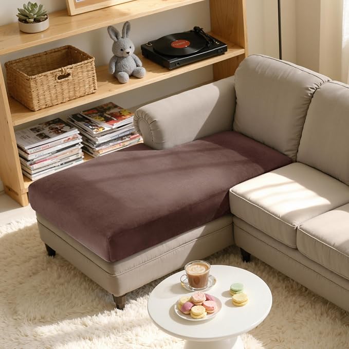 Hokway Velvet Couch Cushion Covers Chaise Cover Water Resistant Seat Covers Stretch Sofa Cushion Protector(Chaise, Brown) - Image 2