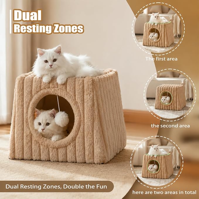 Dogpals Indoor Cat House - Large Cat Cave Bed with Fluffy Balls, Foldable Cat Bed Cave and Apartment with Pads, Suitable for Multiple Small and Large Cats, 15.74x13.7x13.7inches (Khaki, Large) - Image 3