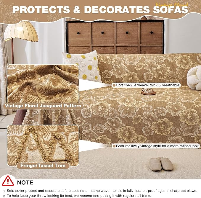 STACYPIK Vintage Floral Couch Cover Blanket for Dogs, Boho Jacquard Coffee Sofa Cover for 3 Cushion Couch Washable Pet Friendly Couch Slipcover for Sectional, Chenille Loveseat Sofa Slipcover-71X150IN - Image 3