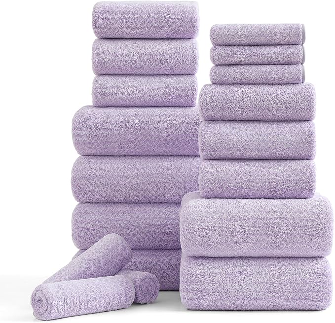 18 Piece Bath Towels Set,100% Microfiber Family Bathroom Towel with Hanging Loops-6 Bath Towels,6 Hand Towels,6 Washcloths,Quick Dry Highly Absorbent Shower Towel for Bathroom,Hotel,Spa-Light Purple by Ycosy