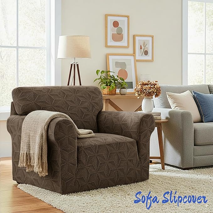 YEMYHOM 1 Piece Stretch Chair Sofa Slipcovers Couch Covers for 1 Seat, Jacquard Armchair Covers with Non-Slip Elastic Bottom, Thickened Furniture Protector for Dogs Pets kids (Small, Brown） - Image 2