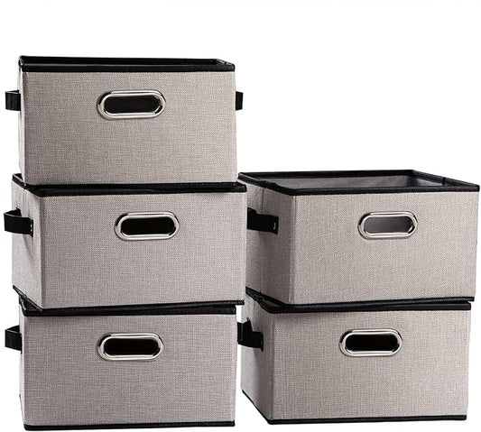 PRANDOM Fodable Storage Baskets for Closet [5-pack] Decorative Fabric Storage Bins Cubes with Leather/Metal Handles for Shelves Bedroom Living Room Light Grey (11.5x8.5x6.7 Inch) by Prandom
