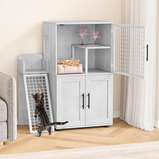 IDEALHOUSE Modern Cat Litter Box Enclosure with Platform, Double Layer Hidden Litter Box, Indoor Washroom, Villa Cat House with Ladder, 33.5" l x 17.9" w x 41.9" h,White - Image 2