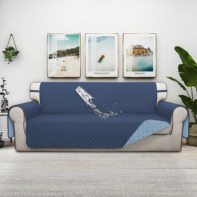 ISSUNTEX Double Protection 100% Waterproof Sofa Covers for Living Room, Couch Covers for 3 Cushion Couch Sofa, Reversible Furniture Protector Sofa Cover for Dogs, Pets (Sofa, Dark Blue/Light Blue) - Image 2