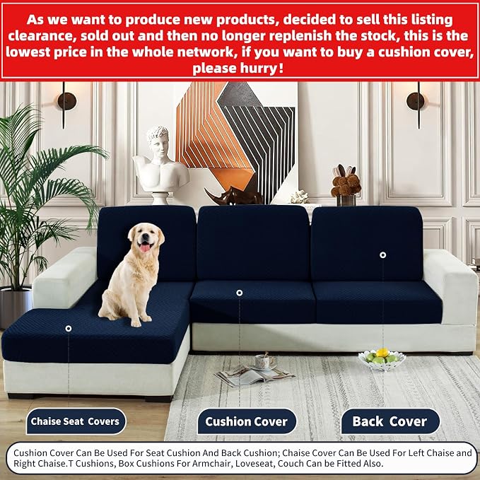 YEMYHOM 【Clearance】 Sectional Couch Covers for L Shaped Chaise Lounge 1 Piece Separate Cushion Couch Universal Replacement Large Checkered Furniture Protector with Elastic Bottom (Chaise Cover, Navy) - Image 2