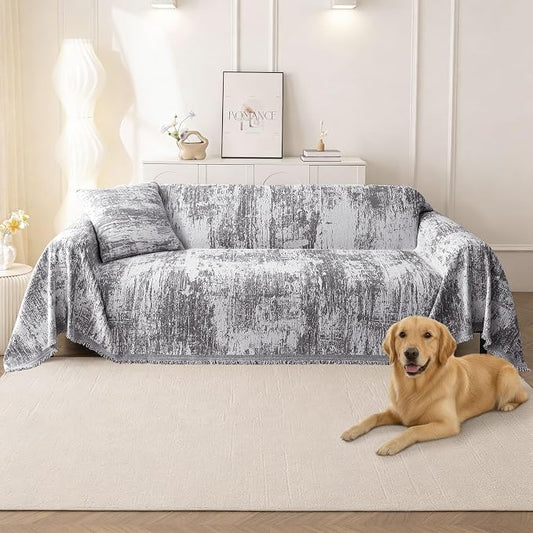 hyha Couch Cover for Dogs, Boho Chenille Sofa Cover for 3 Cushion Couch | Anti-Scratch Washable Sofa Slipcover, Loveseat Sectional Couch Throw Blankets with Tassels (Dark Grey/White, 88.5x134 Inch) by hyha