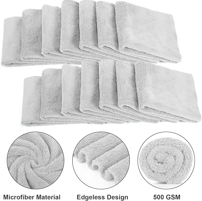 Shimeyao 30 Pcs 16 x 16 Inch Edgeless Microfiber Plush Towels for Cars Detailing Drying Wash Polishing Absorbent Cleaning Cloths, 500 GSM (Light Gray) - Image 3