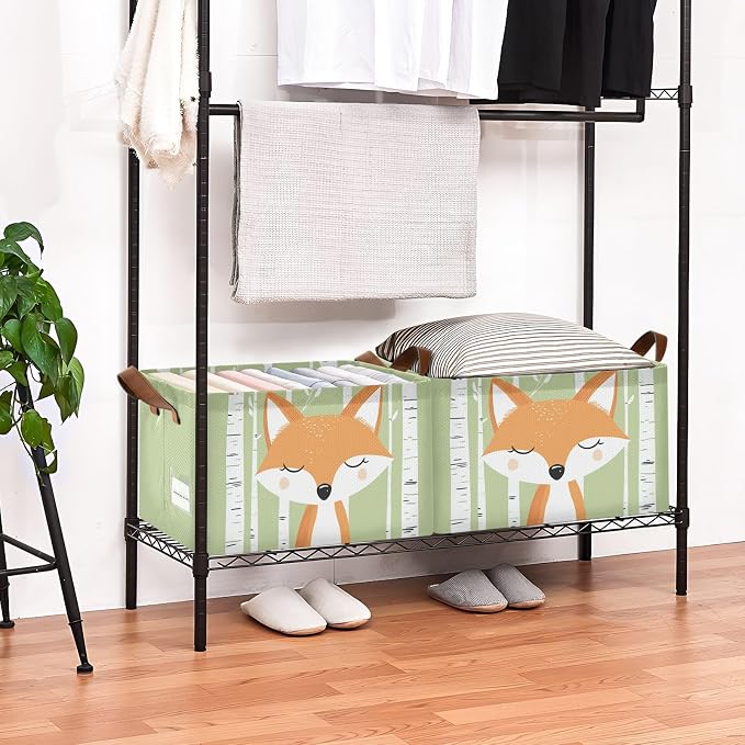 Woodland Cute Cartoon Fox Baby Storage Basket with Labels&Handles Forest Animal Nursery Storage Bins Collapsible Shelf Organizer Baskets for Kids Books Cloth Gift Basket Toys Laundry, 2 Pack - Image 2