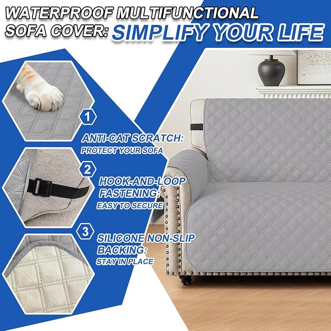Waterproof Couch Cover for Pets, Sofa Covers for 3 Cushion Couch Washable, Non Slip Couch Covers for Dogs with Side Pockets Elastic Straps, Quilted Couch Covers for Sofa (Sofa, Light Grey) - Image 6