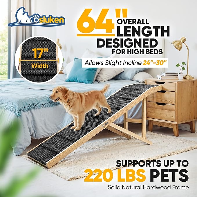 𝟐𝟎𝟐𝟔 𝐔𝐩𝐠𝐫𝐚𝐝𝐞𝐝 Dog Ramp for Bed, 64" Long Foldable Pet Ramp for Small Large Dogs, Dog Ramps for High Beds Car, High Traction with Platform 6 Adjustable Heights 24" to 30" Up to 220LBS Black