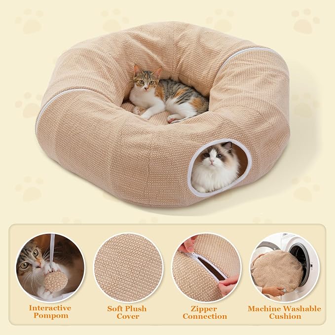 PEQULTI Cat Donut Tunnel with Bed for Indoor Cats, Cat Play Tunnel with Washable Soft Plush Mat, Round Tube Toys Cute Tube for Kittens, Puppies, Rabbits and Ferrets, Beige - Image 7