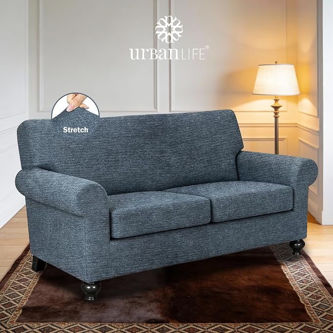 URBANLIFE 3-Piece Stretch Sofa Covers for 2 Cushion Couch, Dusk Blue Gray | Super fitted spandex slipcovers for couches. Non-slip elastic bottom. Machine washable furniture protector for kids & pets. - Image 2