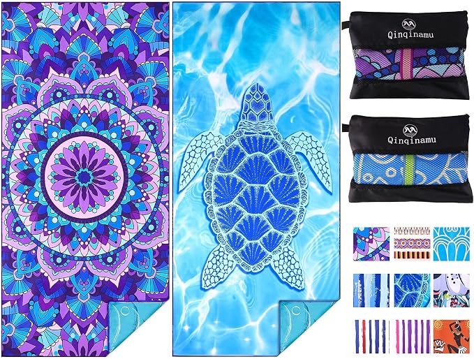 2 Pack Microfiber Oversized Lightweight Beach Towel 71"x32" XL Extra Large Thin Sand Free Towels Travel Swim Pool Yoga Gym Camping for Adults Women Men Beach Essentials Accessories Vacation Gift by Qinqinamu