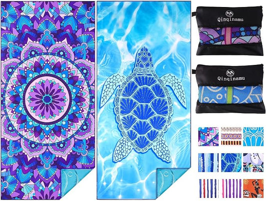 2 Pack Microfiber Oversized Lightweight Beach Towel 71"x32" XL Extra Large Thin Sand Free Towels Travel Swim Pool Yoga Gym Camping for Adults Women Men Beach Essentials Accessories Vacation Gift by Qinqinamu