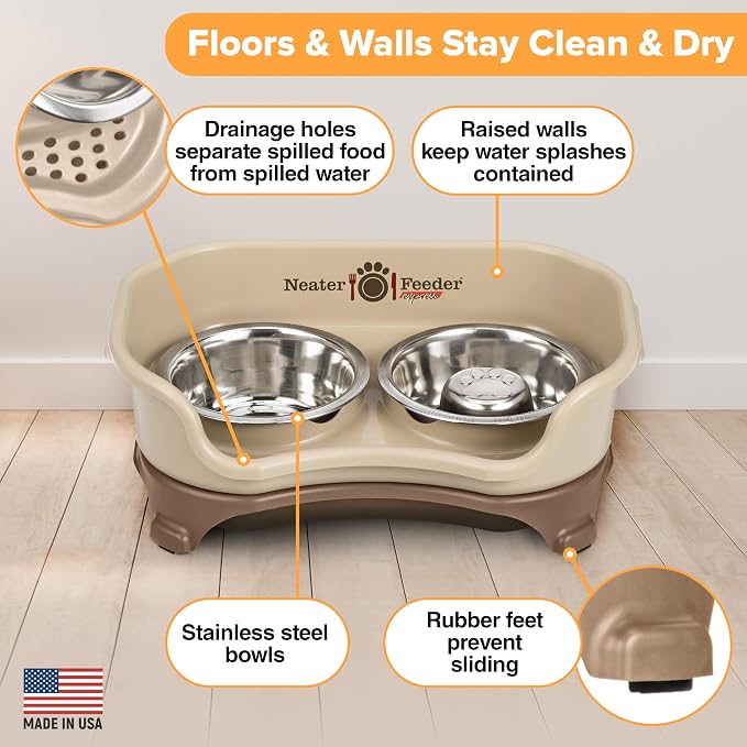 Neater Feeder Express Mess Proof Dog Bowls Elevated for Small Breeds Under 15 Lb, Made in USA, No Spill Raised Dog Food Bowl Stand, Stainless Steel Slow Feed and Standard Water Bowl Set, Cappuccino - Image 5