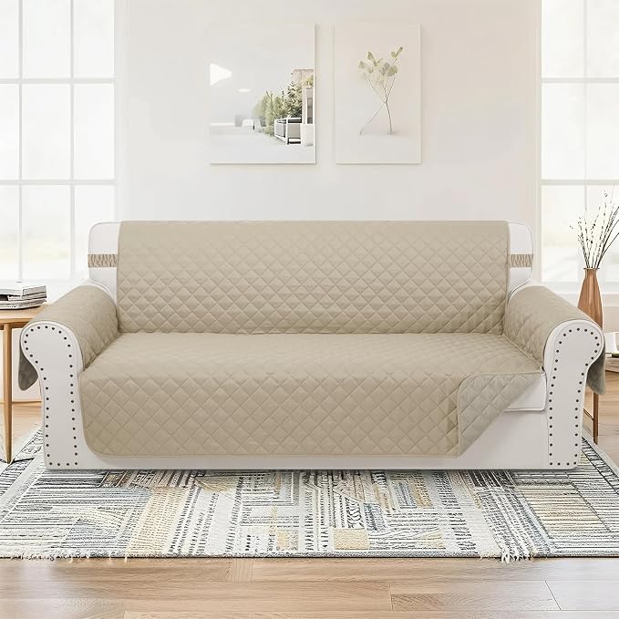Reversible 4 Seater Sofa Cover 91" Large, Sofa, Sand/Beige | Couch Cover Furniture Protector with Foam Sticks Elastic Straps Furniture Protector for Pets Children Dog Cat - Image 2