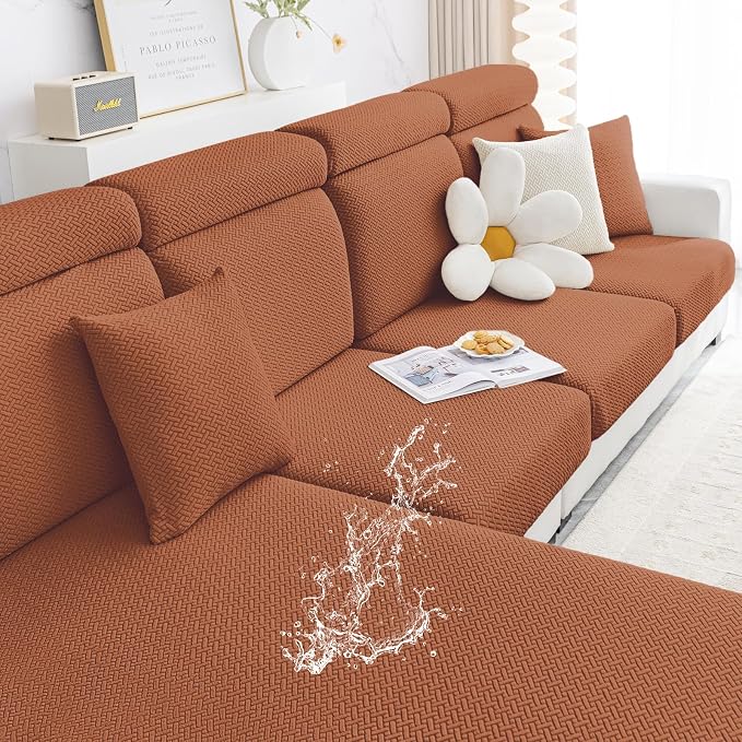 Smiry Waterproof Couch Cushion Covers, Non Slip Seat Cushion Covers | Stretch Jacquard Sectional Sofa Slipcover, Washable Elastic Furniture Protector for Pets, Kid, Large, Rust by Smiry