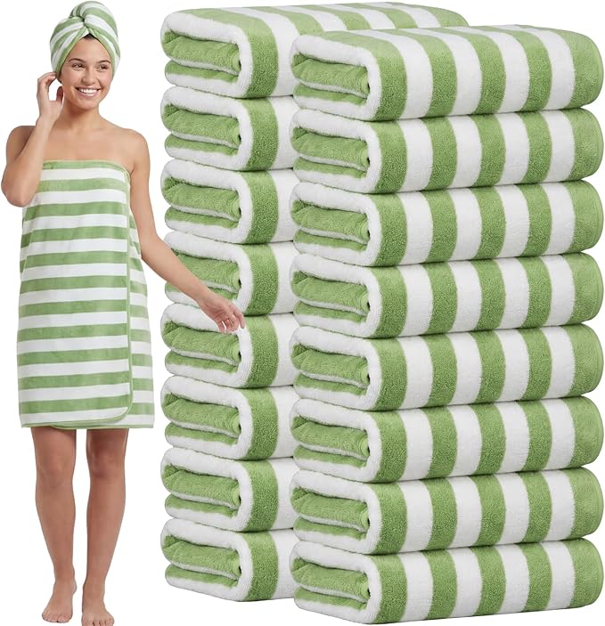SmoothNovelty 16 Pack Microfiber Bath Towels Bulk 27'' x 60'' Oversized Size Bath Towel Highly Absorbent Extra Large Soft Drying for Beach Shower Summer Salon Sport Gym Party (Stripe,Green) by SmoothNovelty
