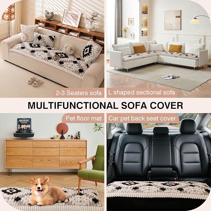 STACYPIK Boho Geometric Black Couch Cover for Dogs, Soft Plush Retro Sofa Cover for 3 Cushion Couch Washable, Non-slip Pet Sofa Protector for Couches, Thickened Sectional Loverseat Bed Mat-27.6X70.9IN - Image 5