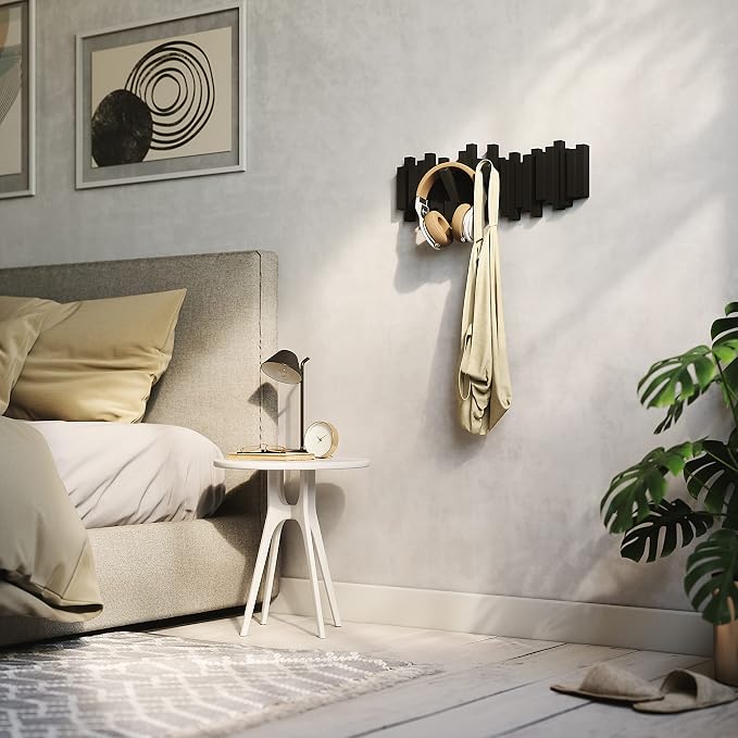 Umbra Sticks Wall Mount Coat Rack, 5 Hook Retractable Pegs, Black | Mounting hardware included, sculptural modern design, entryway or bedroom use, recycled plastic - Image 9