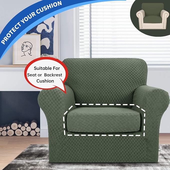 YEMYHOM Stretch Individual Cushion Covers Sofa Chair Seat Cushion Slipcovers Soft Couch Cover Replacement Large Checkered Furniture Protector with Elastic Bottom (1 Pc Cushion Cover, Army Green) - Image 3
