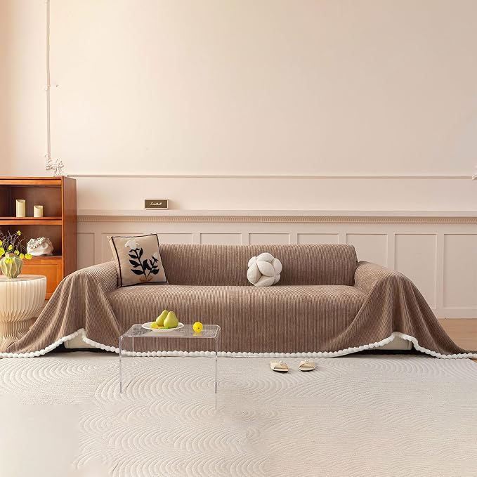 Brown Striped Chenille Sofa Cover for Sectional with Pom Pom Trim, Non Slip Couch Cover for Pets Washable, Soft Couch Protector for 3 Cushion Couch Boho Cute Throw Blanket for Living Room-71X150IN by STACYPIK
