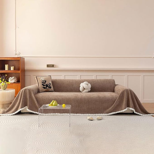 Brown Striped Chenille Sofa Cover for Sectional with Pom Pom Trim, Non Slip Couch Cover for Pets Washable, Soft Couch Protector for 3 Cushion Couch Boho Cute Throw Blanket for Living Room-71X134IN by STACYPIK