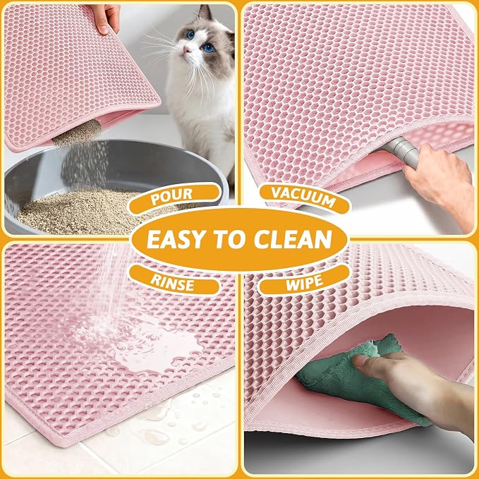 Pieviev Litter Box Mat, Double-Layer Urineproof Design, 30" x 24" Pink | Honeycomb Litter Trapping Mat Captures Scattered Particles to Stop Tracking, Waterproof Base Protects Floors, Easy to Clean - Image 6