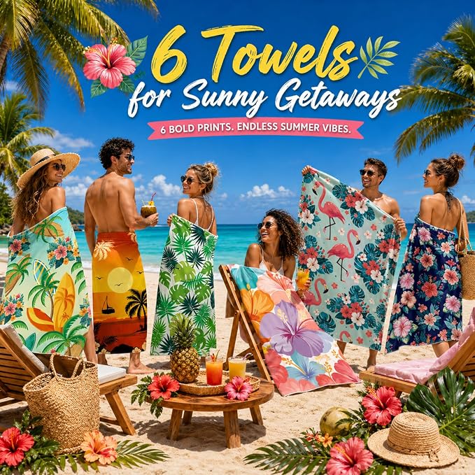6 Pack Microfiber Beach Towel Set 32x71 Oversized Extra Large Swim Pool Towel Soft Fiber Beach Towels Set Bath Blanket for Summer Travel Spa Swim Pool Accessories Vacation Essential Gift(Hawaii) - Image 5