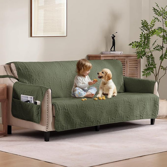 Olive Green Quilted Couch Cover with Pockets for Extra-Large Sofa, Anti-Slip Sofa Covers for Dogs Washable, Pet Friendly Oversized Sofa Cover Water-Repellent (X-Large Sofa 78", Olive Green) by Pamhaven