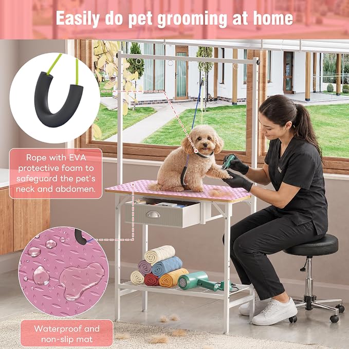 32-Inch Adjustable Dog Grooming Table with Drawer & Mesh Tray, Pet Grooming Table with Non-Slip Removable Washable Mat & EVA Protective Lanyard, Professional Grooming Table for Small Dog at Home（Pink - Image 5