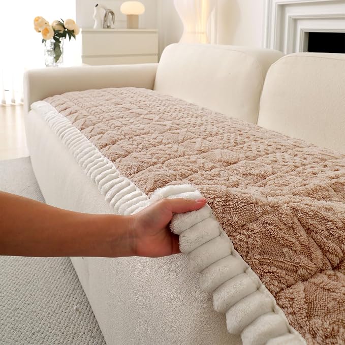 OTOB All Seasons Sofa Covers for 3 Cushion Couch Washable, Geometric Jacquard Fuzzy Non-Slip Pet Couch Cover, Kids Pet Friendly Soft Plush Sofa Slipcovers Dog Bed Mats (Camel, 27.6" x 70.9") - Image 9