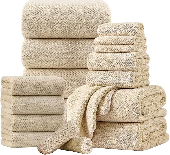 18 Piece Microfiber Bath Towels Set - 6 Bath Sheets,6 Hand Towels And 6 Washcloths,Soft Family Towels,Highly Absorbent Bathroom Towel,Quick Dry Shower Towel Luxury Towels For Hotel Spa Dorm-Camel by FerdilanUS