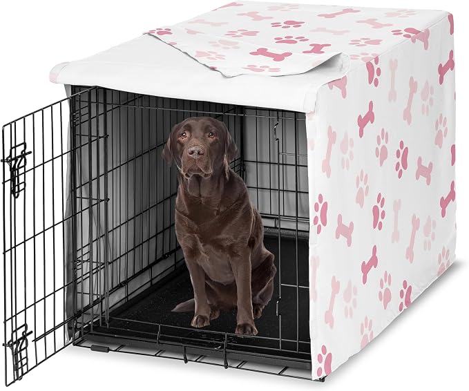 Sweet Jojo Designs 42in. Medium/Large Dog Crate Cover (Bones and Paw Prints) for Girls Pet Cage, Kennel Covers (Modern Cartoon, Doggy, Puppy, Neutral, Paws Print, Whimsical, Pastel Blush Pink & White) by SweetJojoDesigns