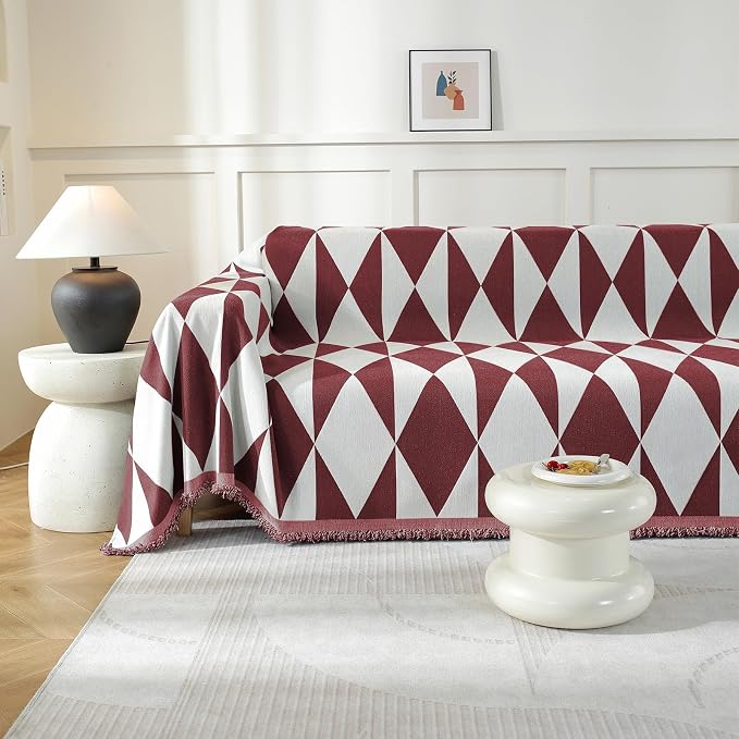 Couch Cover for Sofa, Boho Sofa Cover Washable Couch Cover for Dogs, Pet Sofa Cover for 2-Cushion Couches with Tassel Furniture Protector Cover,71" x 118",Red-Diamond - Image 7