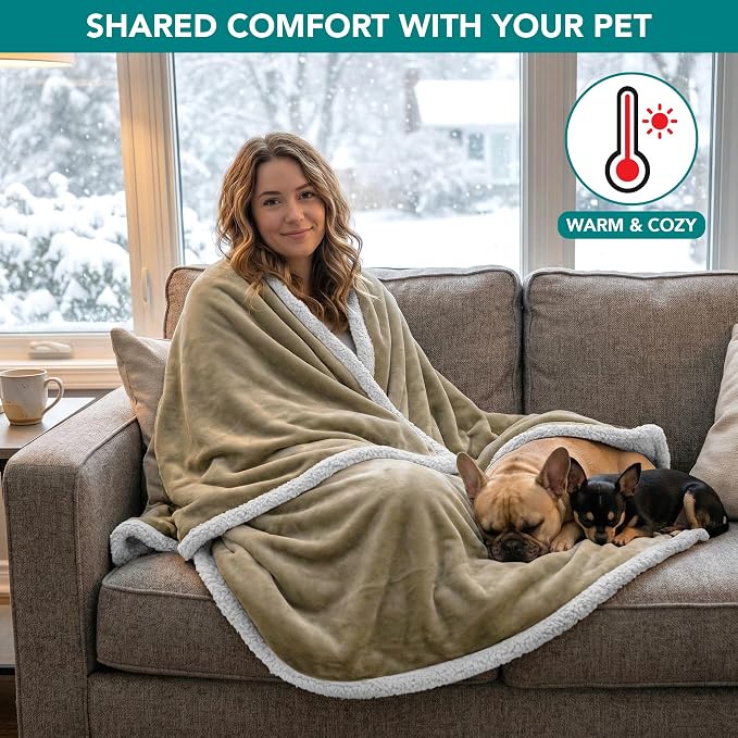 PetAmi Waterproof Dog Blanket for Couch, Queen 90x90, Pee Proof Sherpa Fleece Reversible Pet Throw, Furniture Protector for Bed Sofa, Soft Washable Cover for Large Dogs Cats, Taupe - Image 4