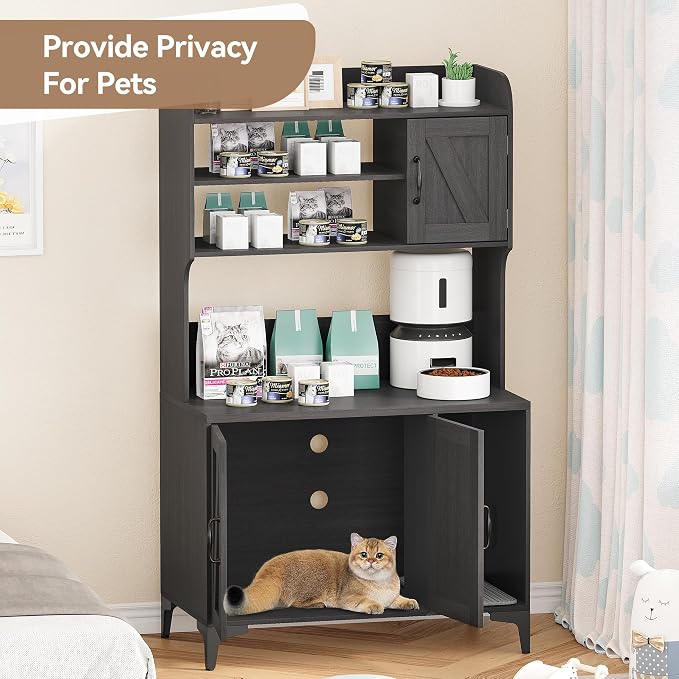 IDEALHOUSE Cat Litter Box Enclosure with Shelves and Doors,Wood Sturdy Hidden Litter Box Furniture,Indoor Cat House Furniture for Most of Litter Box,Litter Box Cabinet,Walnut Color - Image 2