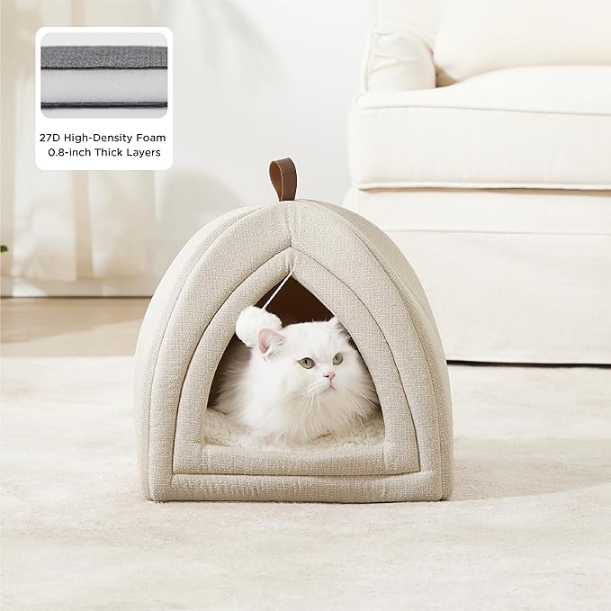 Bedsure 2in1 Cat Beds for Indoor Cats Cave for Kitten with Washable Pillow | 16in, Cat House for Small Pet, Covered Cat Tent, Foldable Hideaway, Fluffy Ball, Anti Slip Bottom, Removable Cushioned ,Beige - Image 2