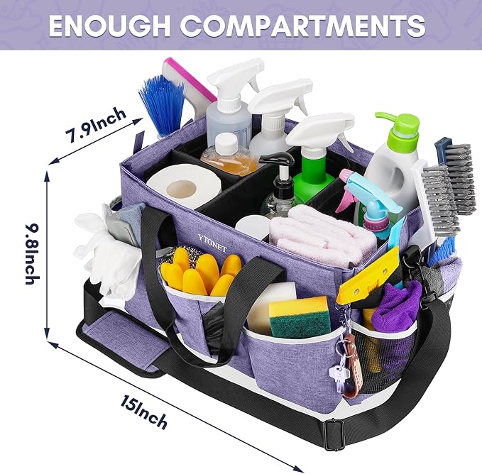 Ytonet Cleaning Caddy, Wearable Cleaning Supplies Organizer with 4 Foldable Dividers, Large Cleaning Caddy for Cleaning Supplies with Handle and Shoulder Straps, Cleaning Bags for Housekeepers, Purple - Image 2