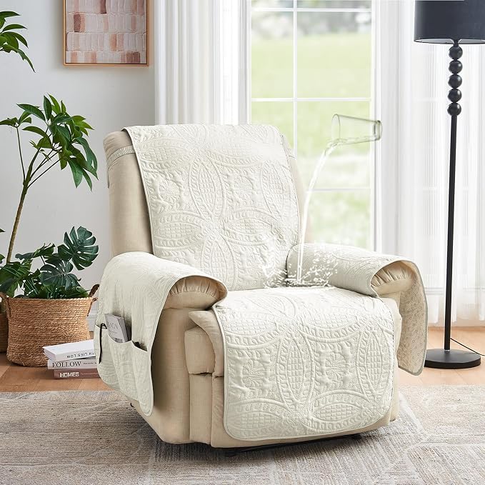 Large Ivory Recliner Chair Covers, Quilted Décor Water-Repellent Lazy Boy Chair Covers, Pet Friendly Large Recliner Cover for Dogs Cats, Washable Couch Cover (Recliner 30", Ivory White) - Image 2