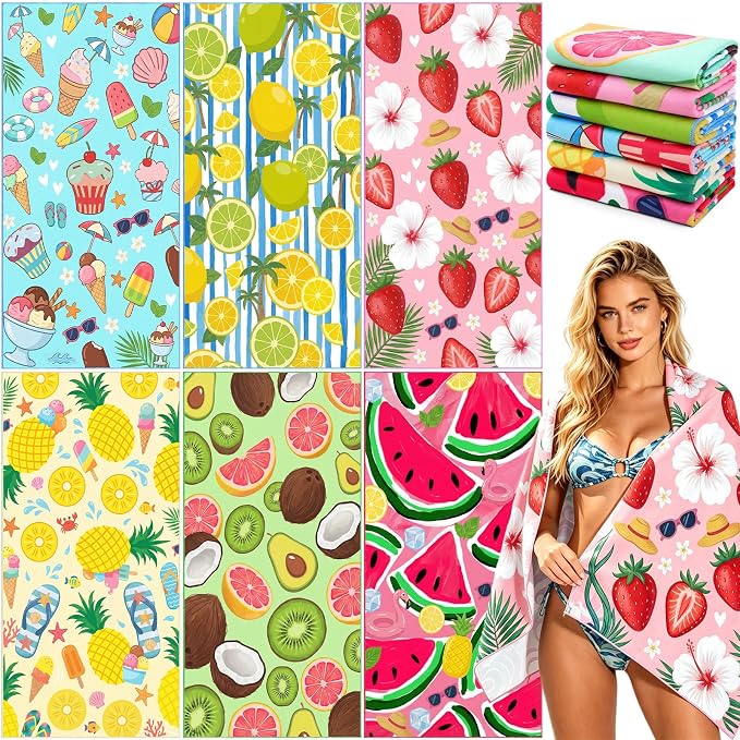 Remagr 6 Pcs Oversized Microfiber Beach Towels Bulk 60"x 28" Extra Large Quick Dry Absorbent Sand Free Towels for Adults, Pool, Travel, Swim, Yoga, Gym (Fruit) by Remagr